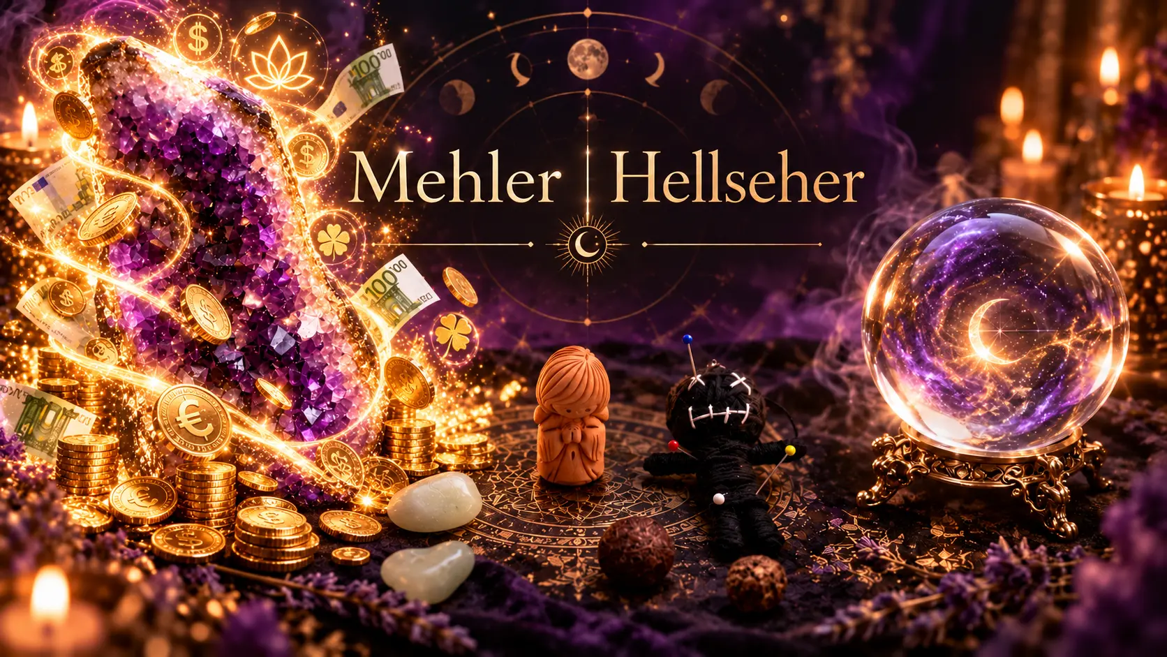 Illustration zu Geldzauber mit Münzen und Amethyst