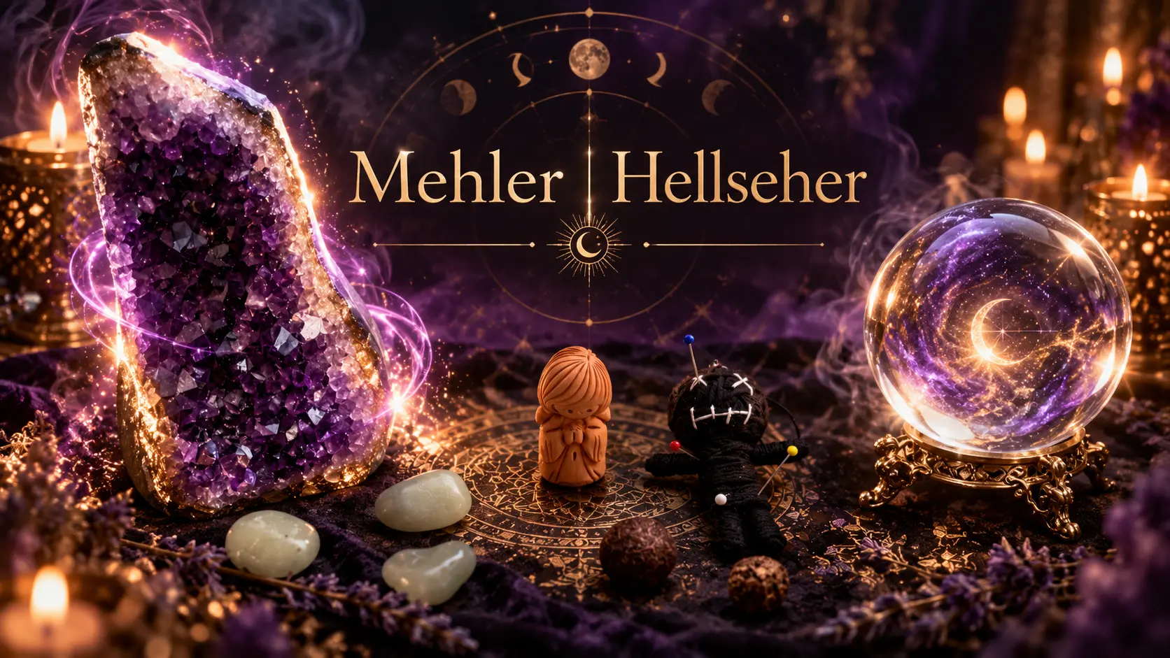 Amethyst und Kristallkugel als Symbol für spirituelle Beratung